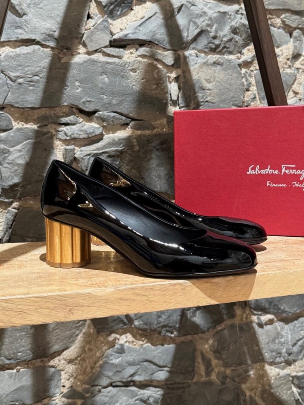 Salvatore Ferragamo Black Patent Leather Lucca Pumps
